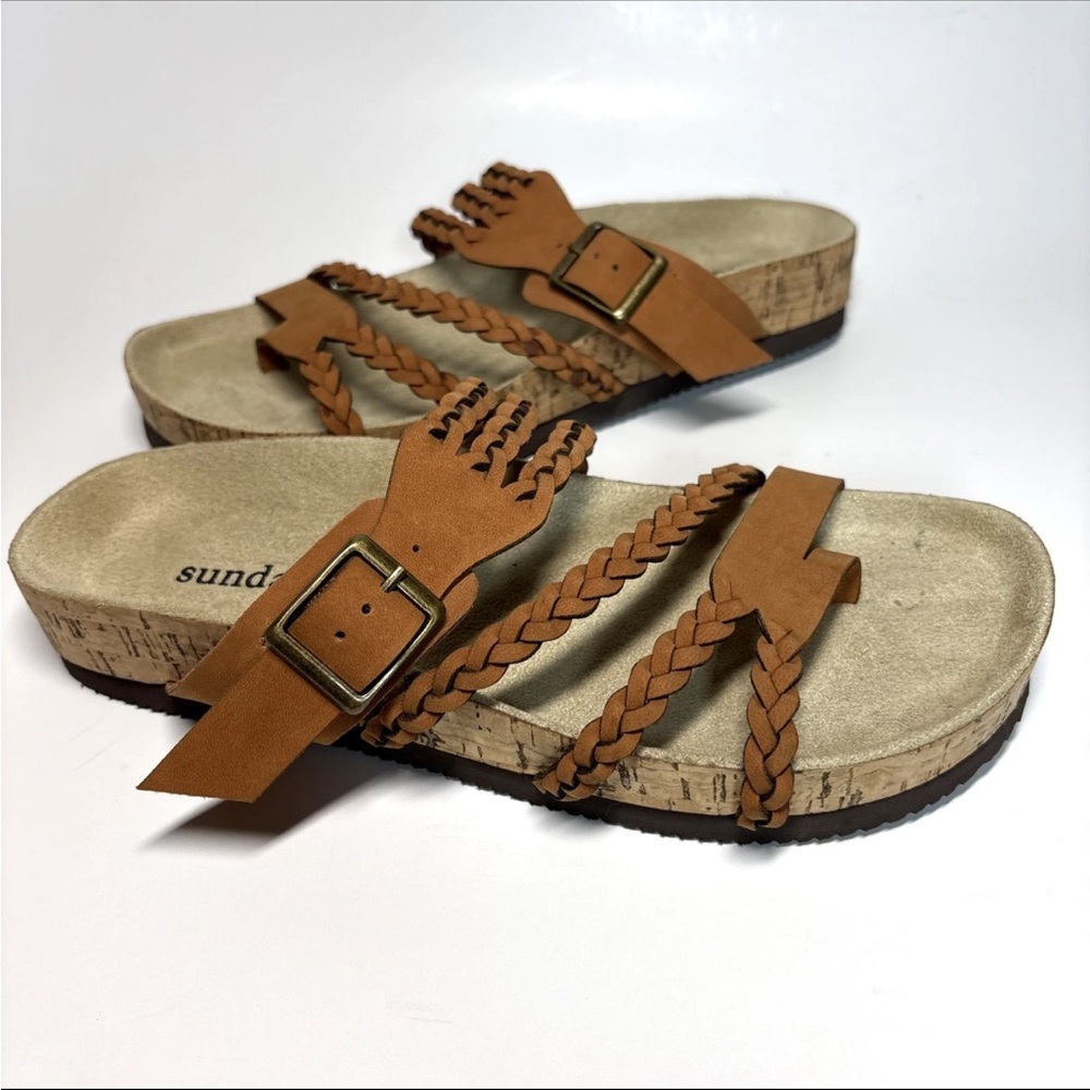 Sundance Sandals Womens 38 8 Helena Braided Suede tan Cork Comfort Slides
